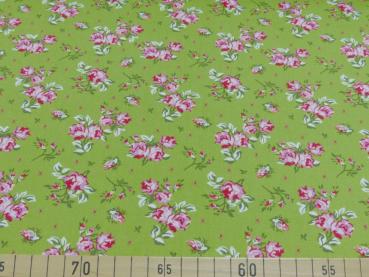 Preview: Baumwoll Druck Rosenblüten Rosa auf Hellgrün